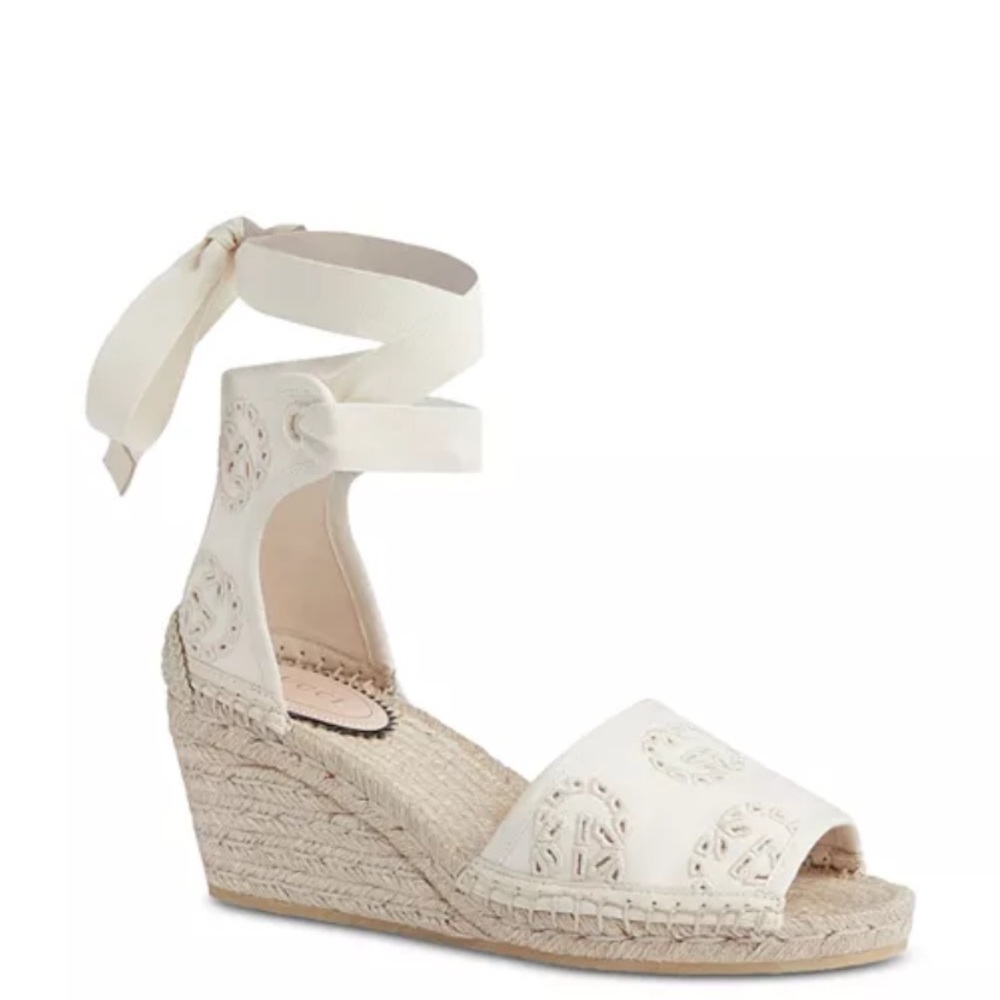 Gucci Ivory Espadrille Damita GG Wedge Heel Ankle Wrap Sandal Shoe Size 39.5